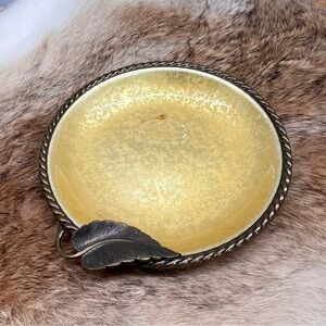 Vintage Evans Hand Enameled Gold Tone Jewelry Dish Brass Trim with Leaf 4.5”